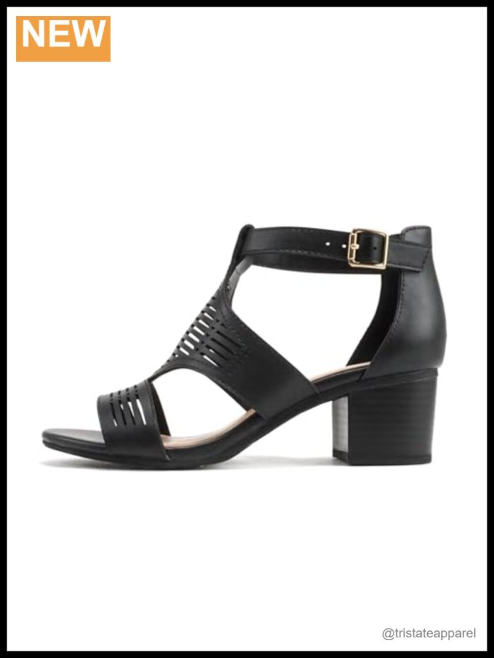 Open Toe Block Heel Sandal Adjustable Ankle Strap Laser Cut